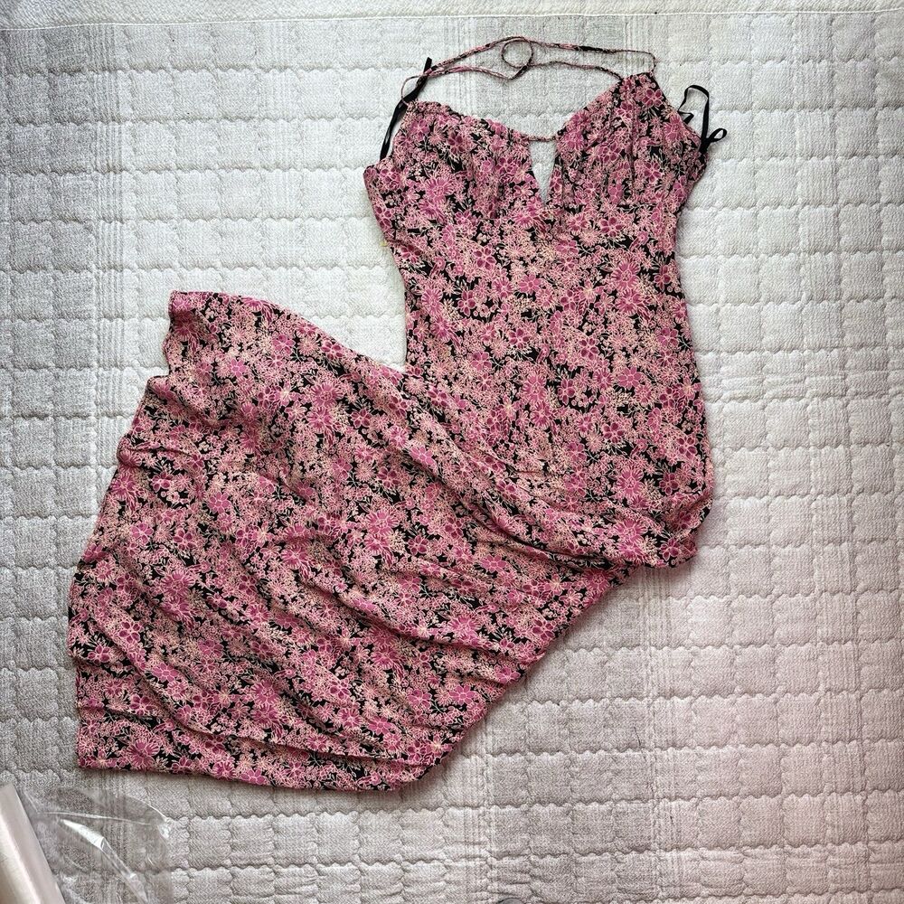 Free People Bon Voyage Maxi Dress Womens Size Xs Pink Black Floral Halter Boho